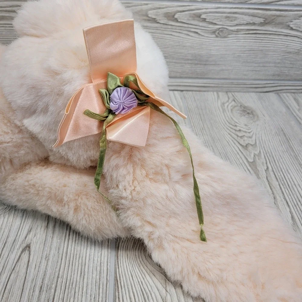 Aurora Lying Plush Bunny Rabbit Cream Pink Bow Hidden Zipper Pouch Animal Easter